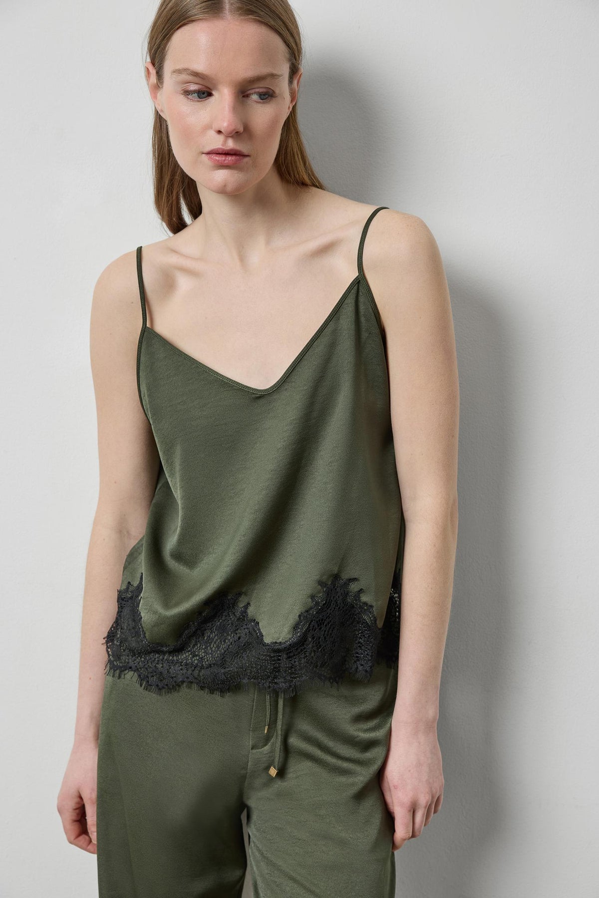Crepe Satin Cami with Lace Trim in color Fir Image A1