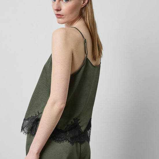 Crepe Satin Cami with Lace Trim in color Fir Image A2