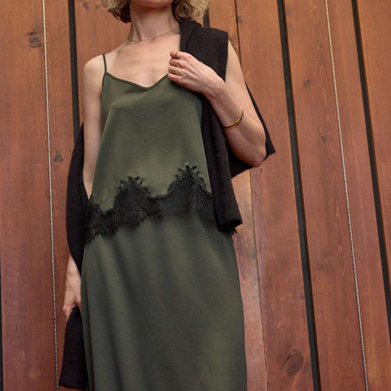 Crepe Satin Cami with Lace Trim in color Fir Image C1