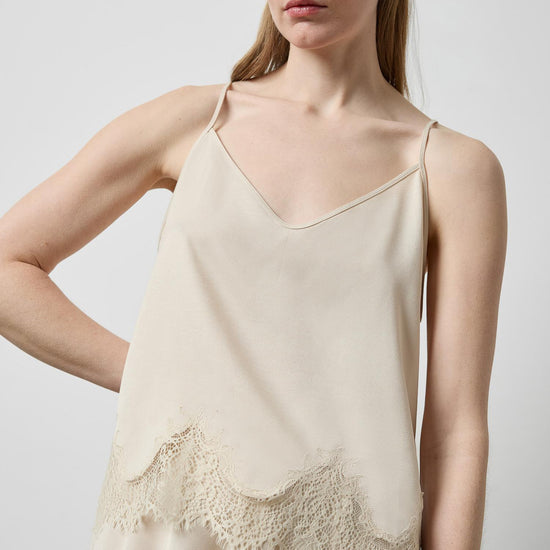 Crepe Satin Cami with Lace Trim in color Porcelain Image A1