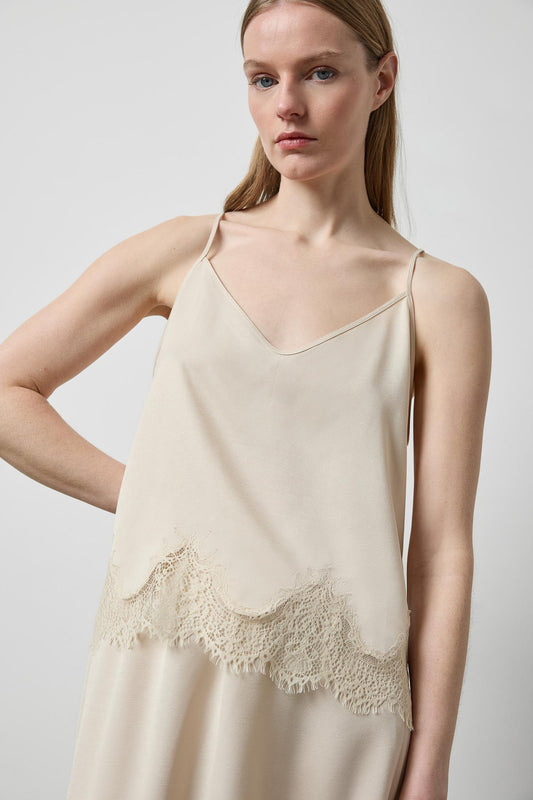 Crepe Satin Cami with Lace Trim in color Porcelain Image A1