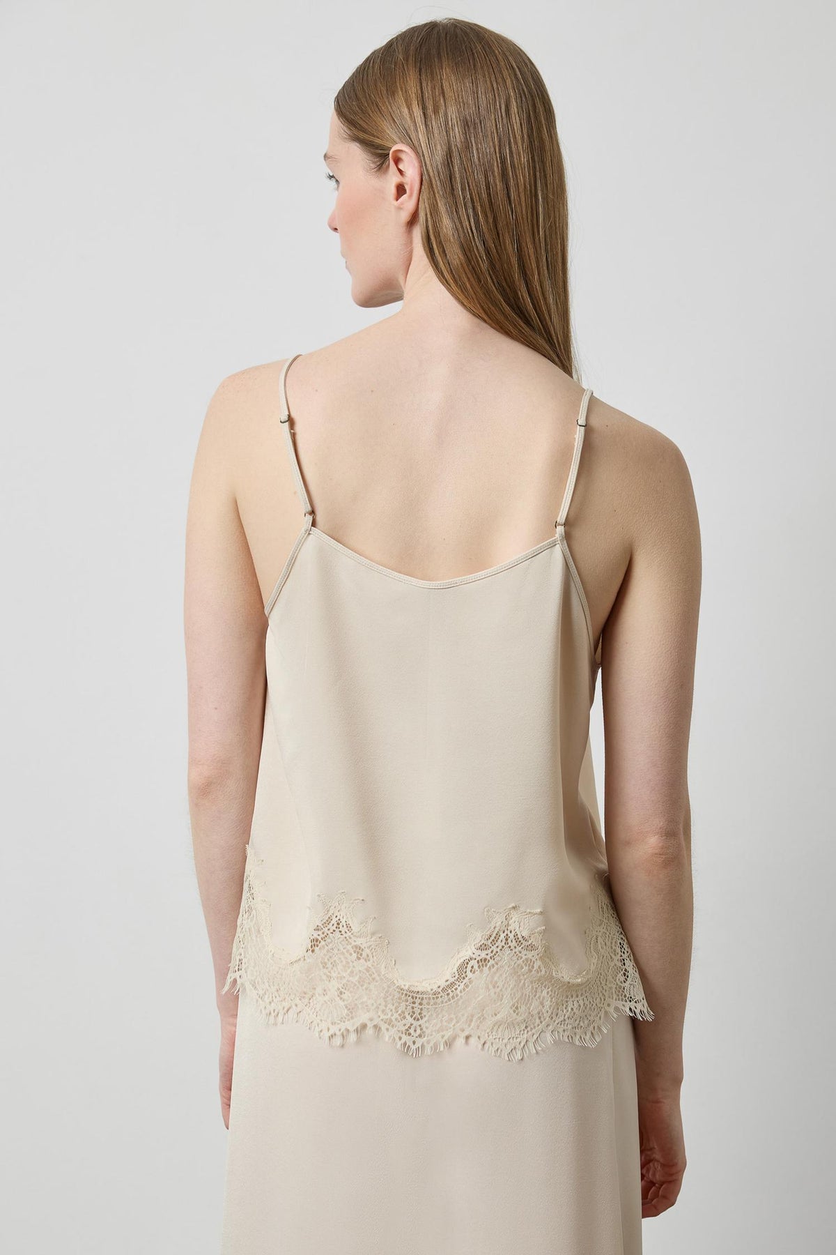 Crepe Satin Cami with Lace Trim in color Porcelain Image A2