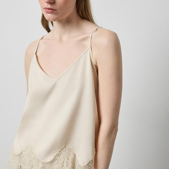 Crepe Satin Cami with Lace Trim in color Porcelain Image A3