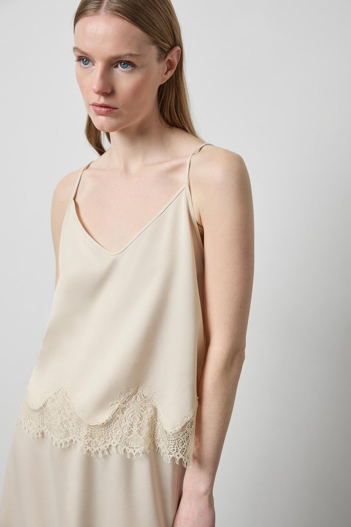 Crepe Satin Cami with Lace Trim in color Porcelain Image A3