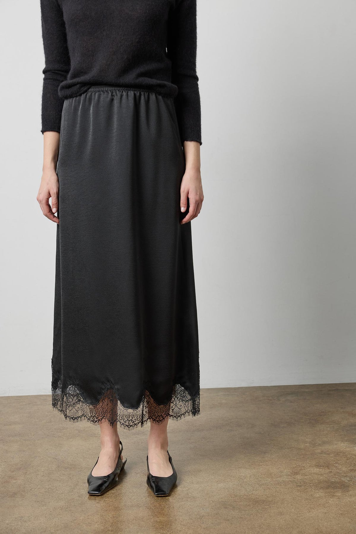 Crepe Satin Skirt with Lace Trim in color Black Image A1