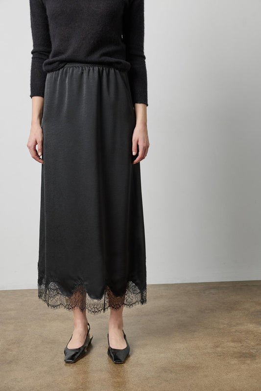 Crepe Satin Skirt with Lace Trim in color Black Image A1