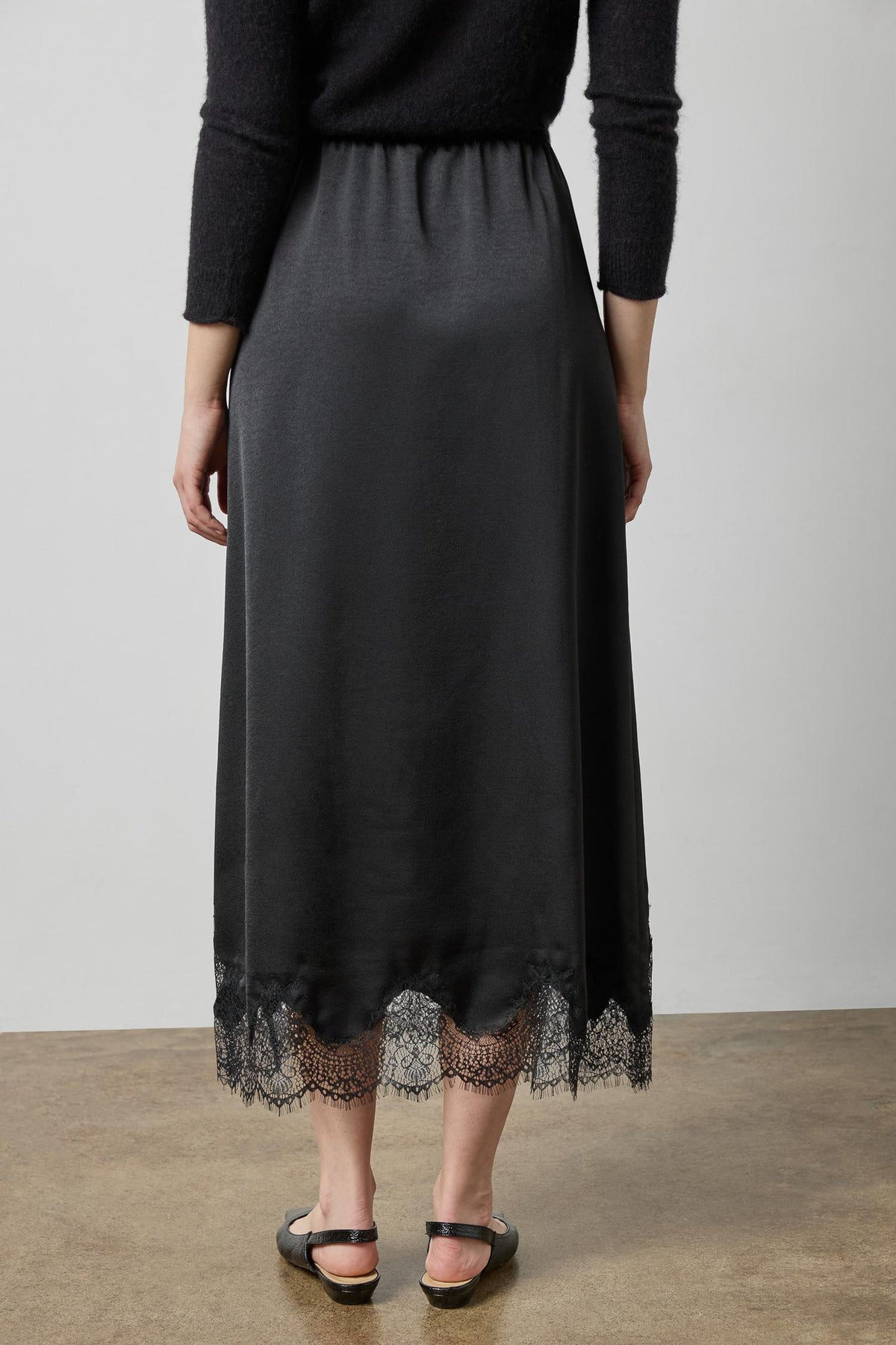 Crepe Satin Skirt with Lace Trim in color Black Image A2