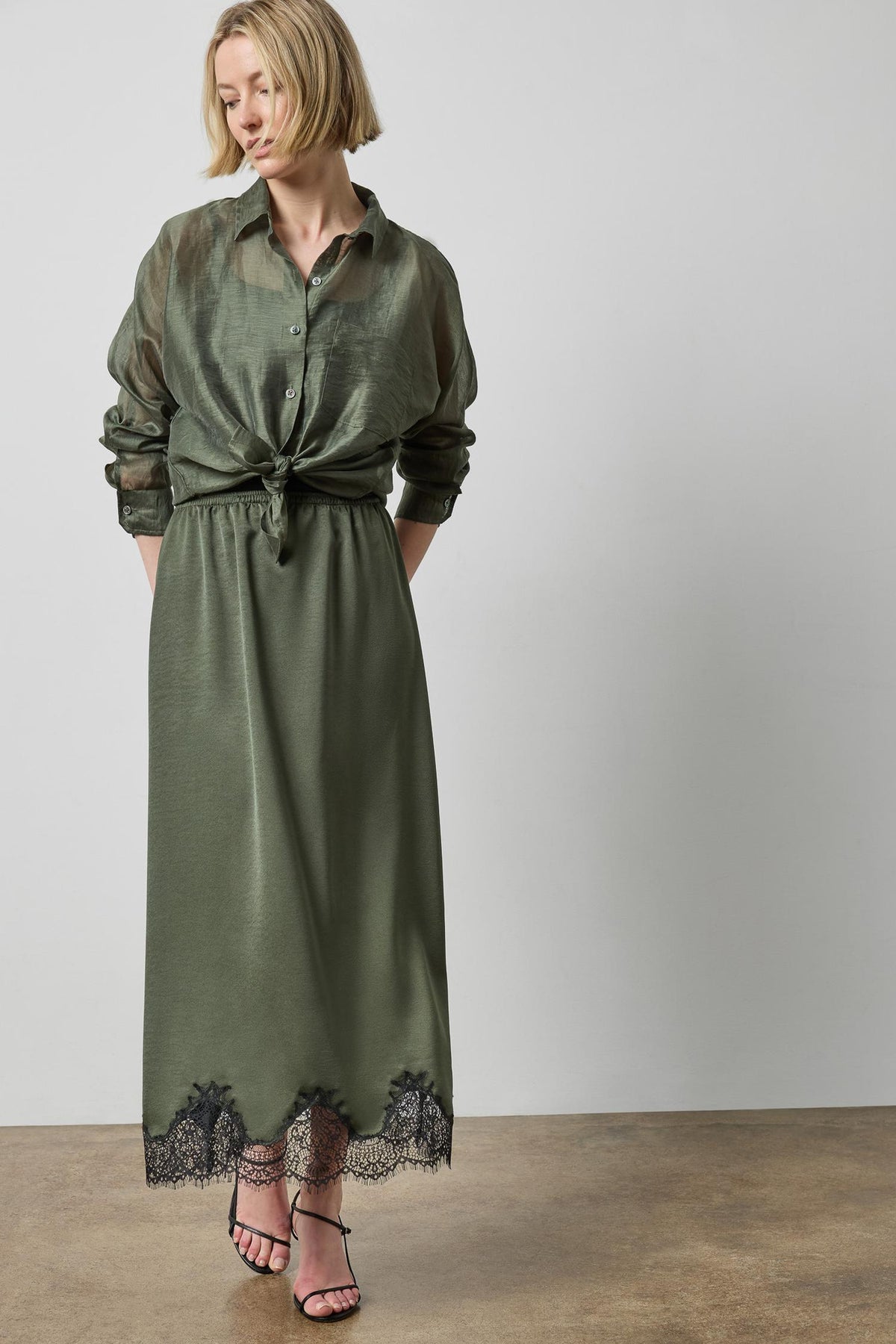 Crepe Satin Skirt with Lace Trim in color Fir Image A0