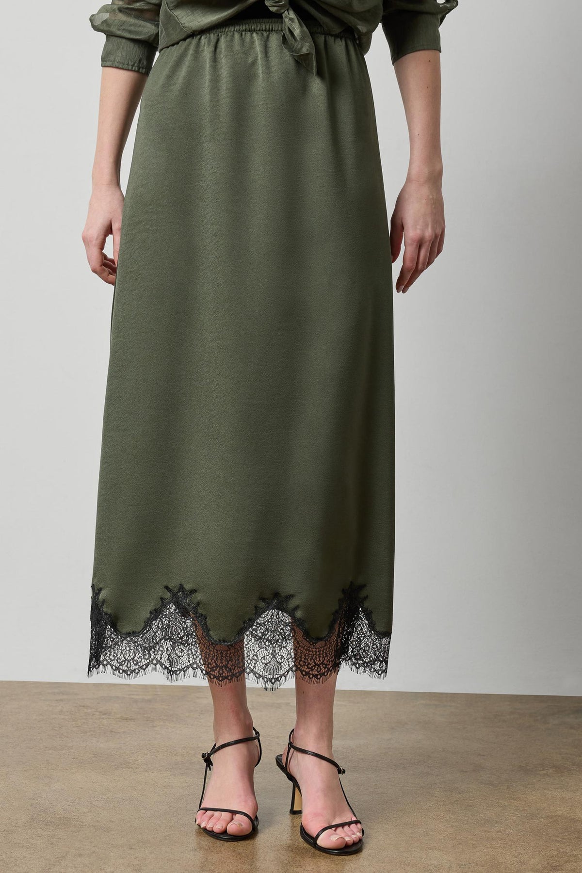 Crepe Satin Skirt with Lace Trim in color Fir Image A1
