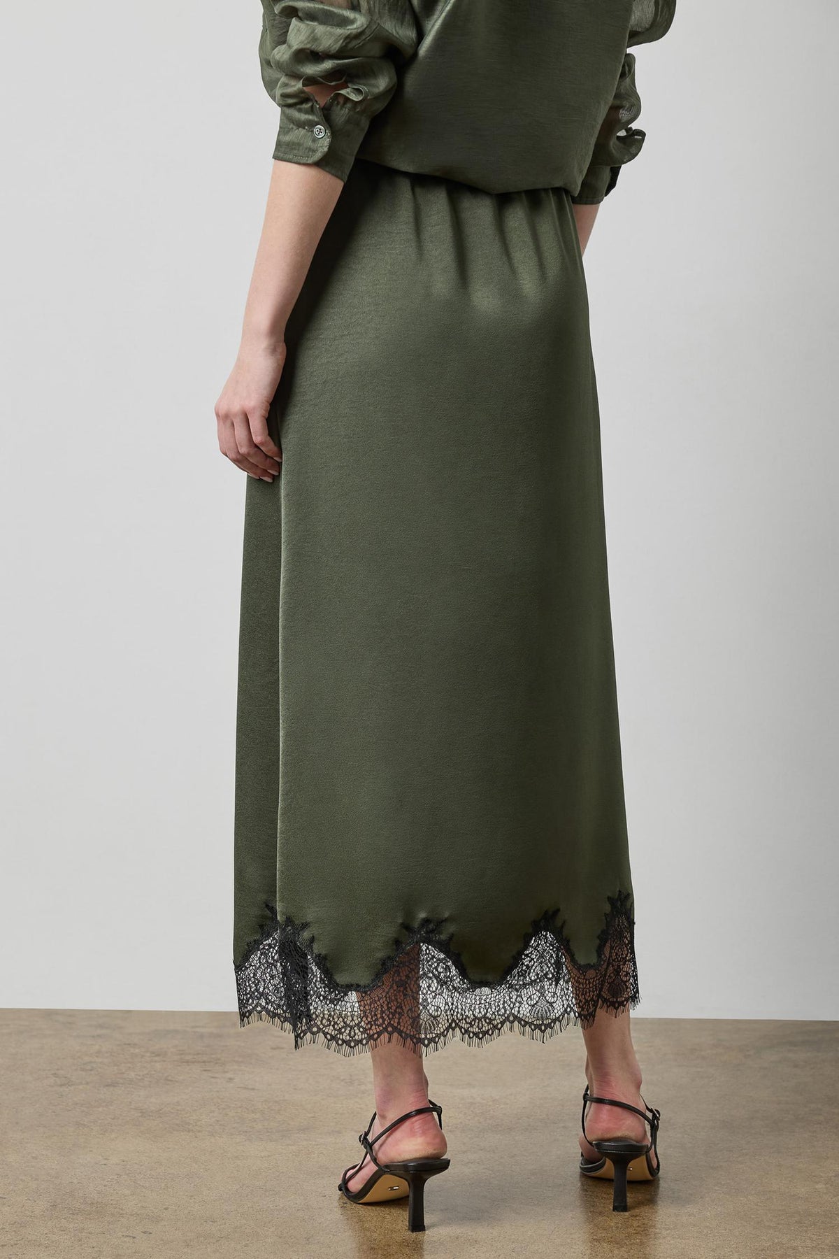 Crepe Satin Skirt with Lace Trim in color Fir Image A2