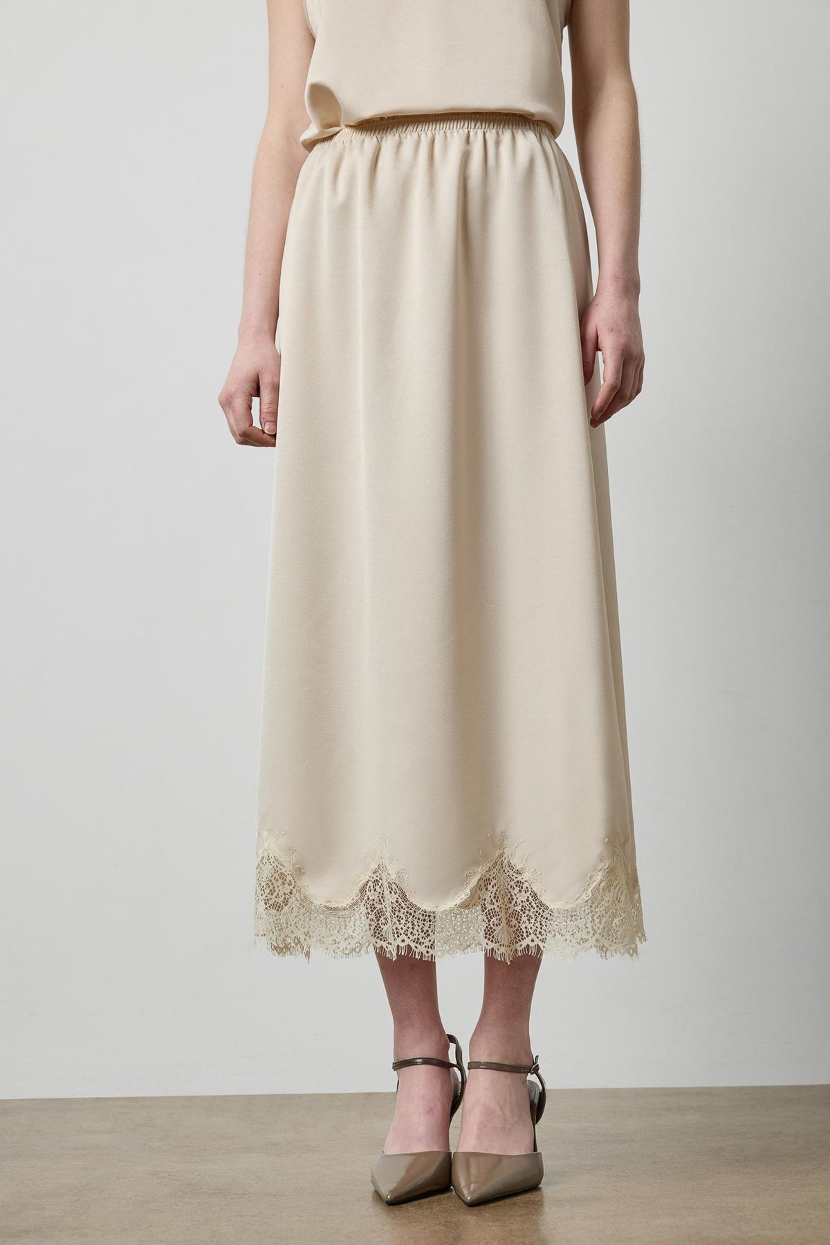 Crepe Satin Skirt with Lace Trim in color Porcelain Image A1