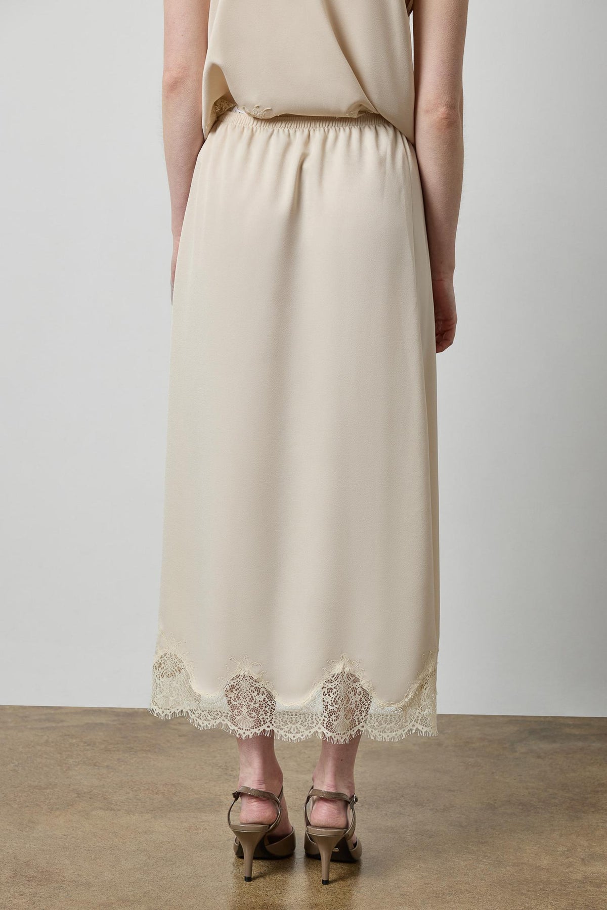Crepe Satin Skirt with Lace Trim in color Porcelain Image A2