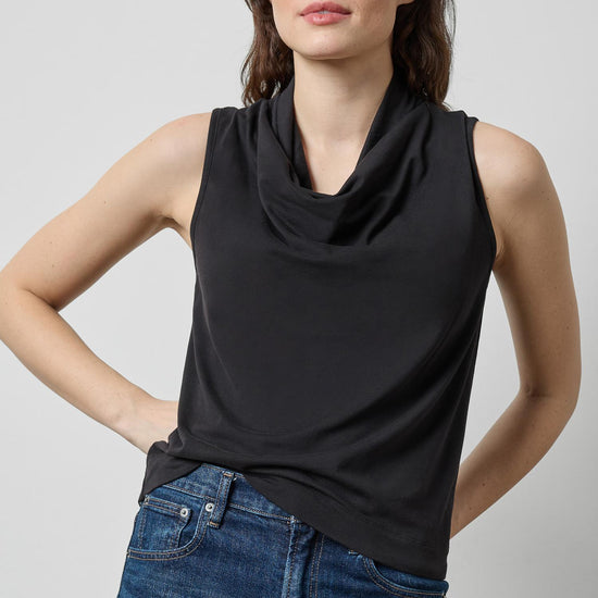 Drape Neck Sleeveless Top in color Black Image A1