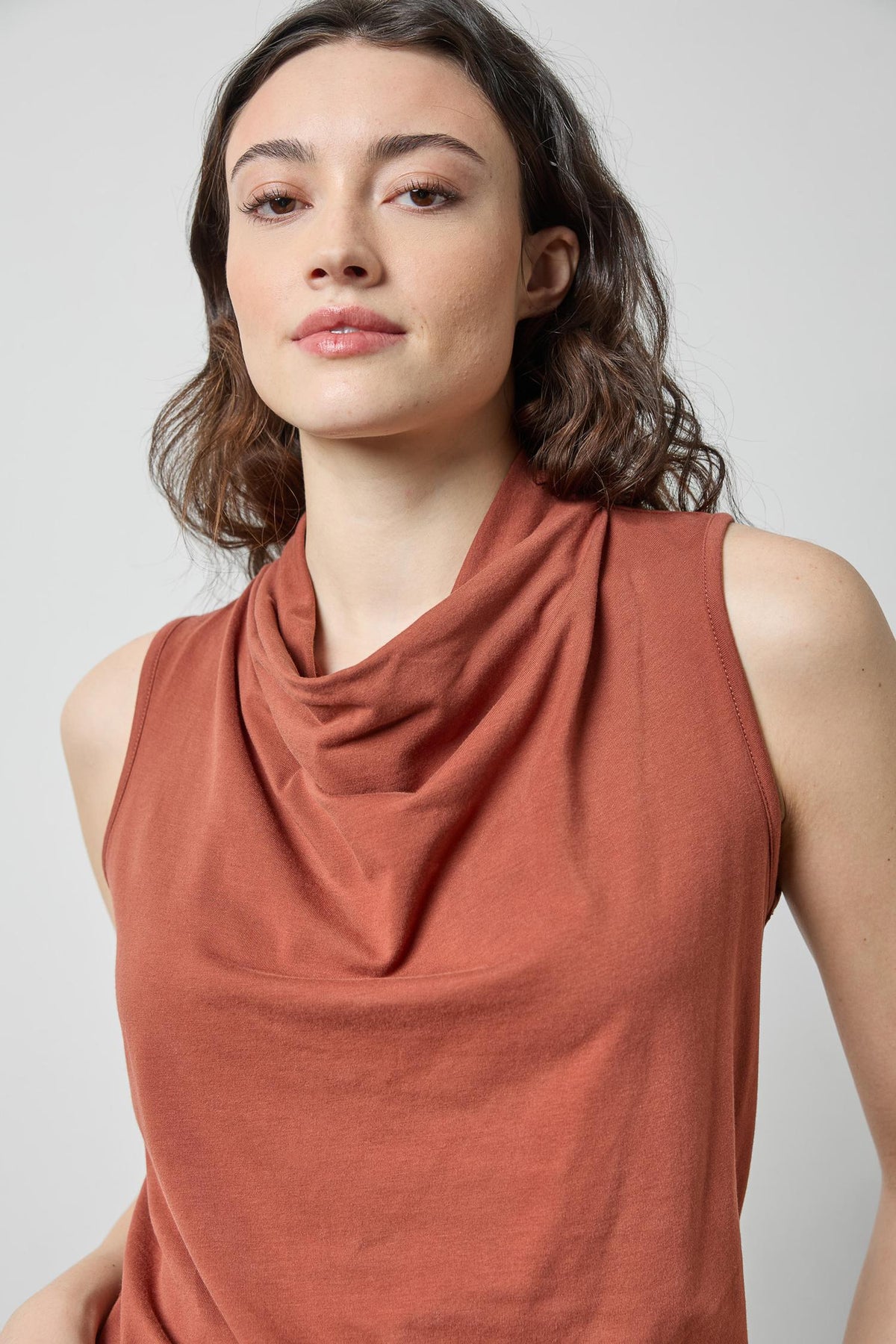 Drape Neck Sleeveless Top in color Spice Image A1