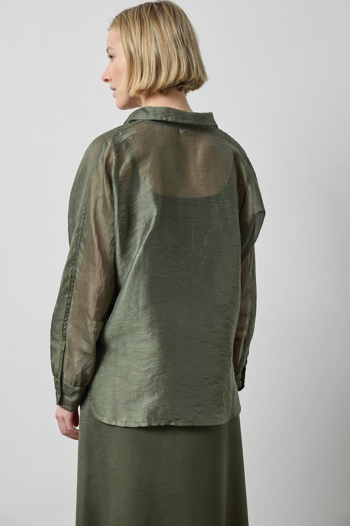 Sheer Dolman Button Down in color Fir Sheer Image A2