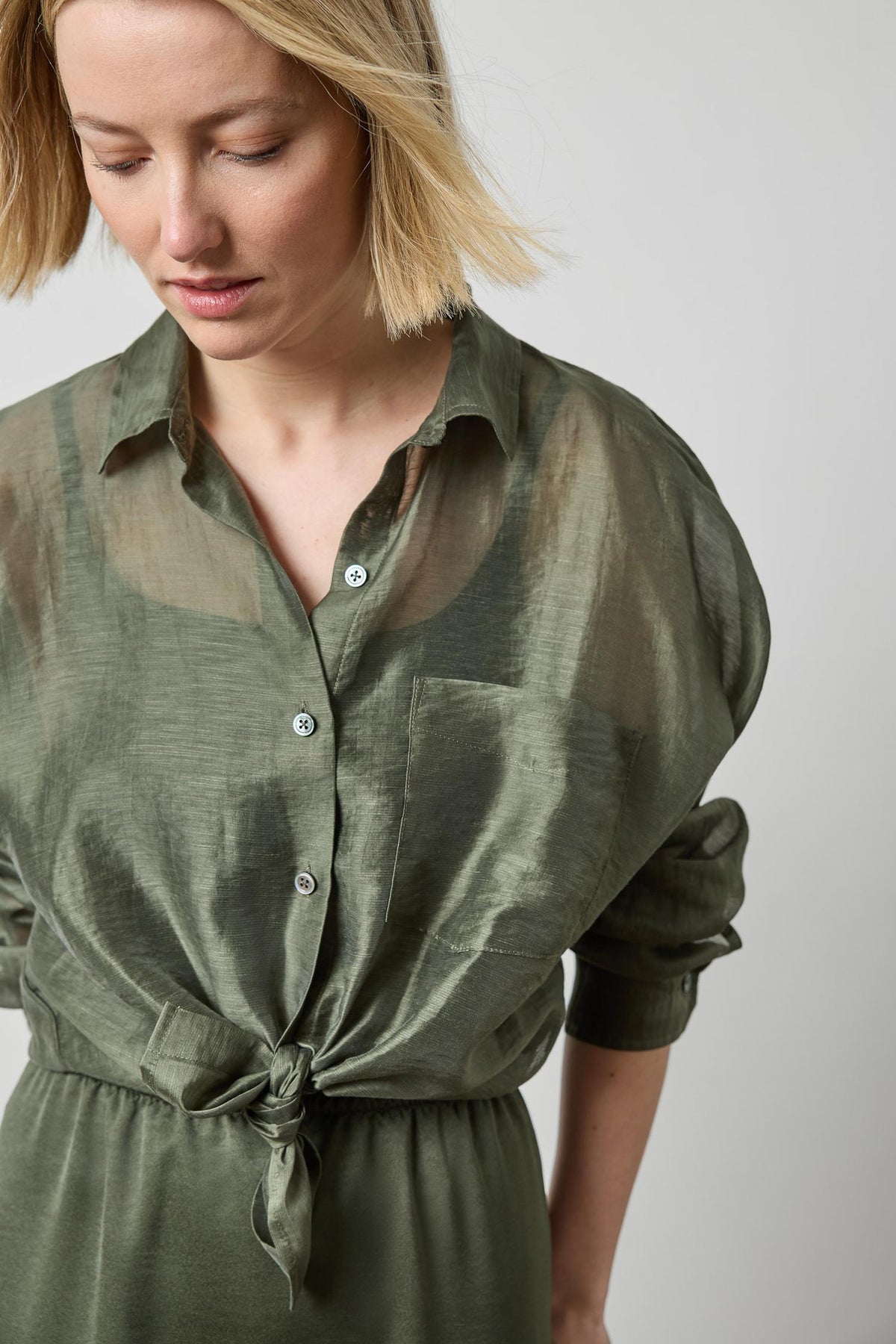 Sheer Dolman Button Down in color Fir Sheer Image A3
