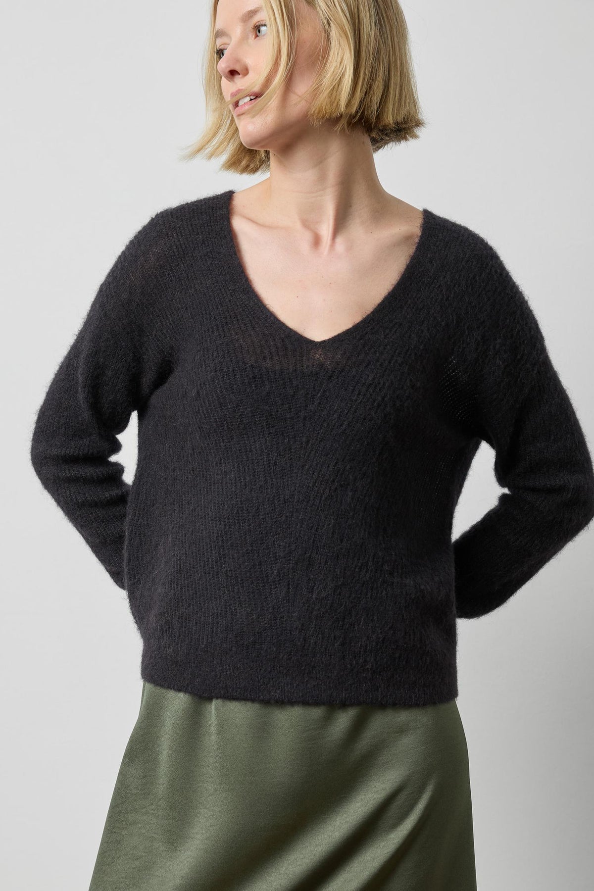 Featherweight V-Neck Sweater in color Black Image A3