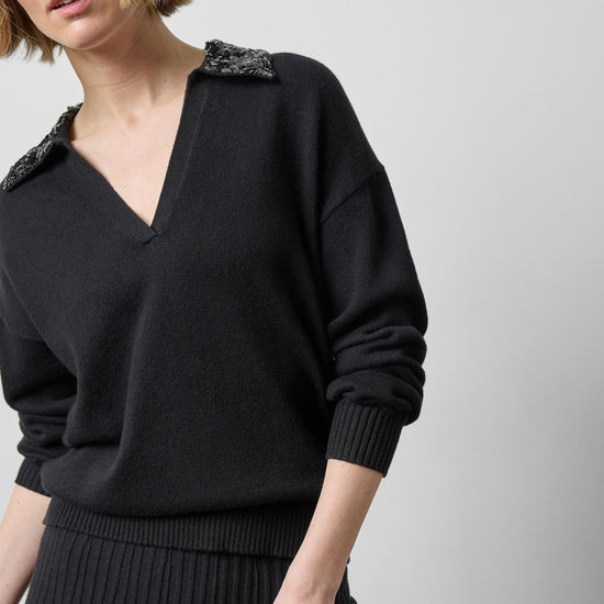 Sequin Polo Sweater in color Black Image A1