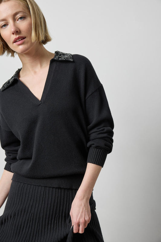 Sequin Polo Sweater in color Black Image A1