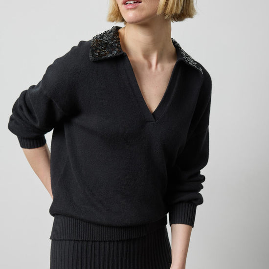 Sequin Polo Sweater in color Black Image A3