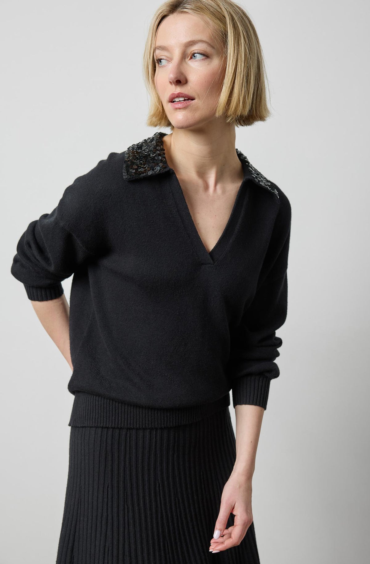 Sequin Polo Sweater in color Black Image A3
