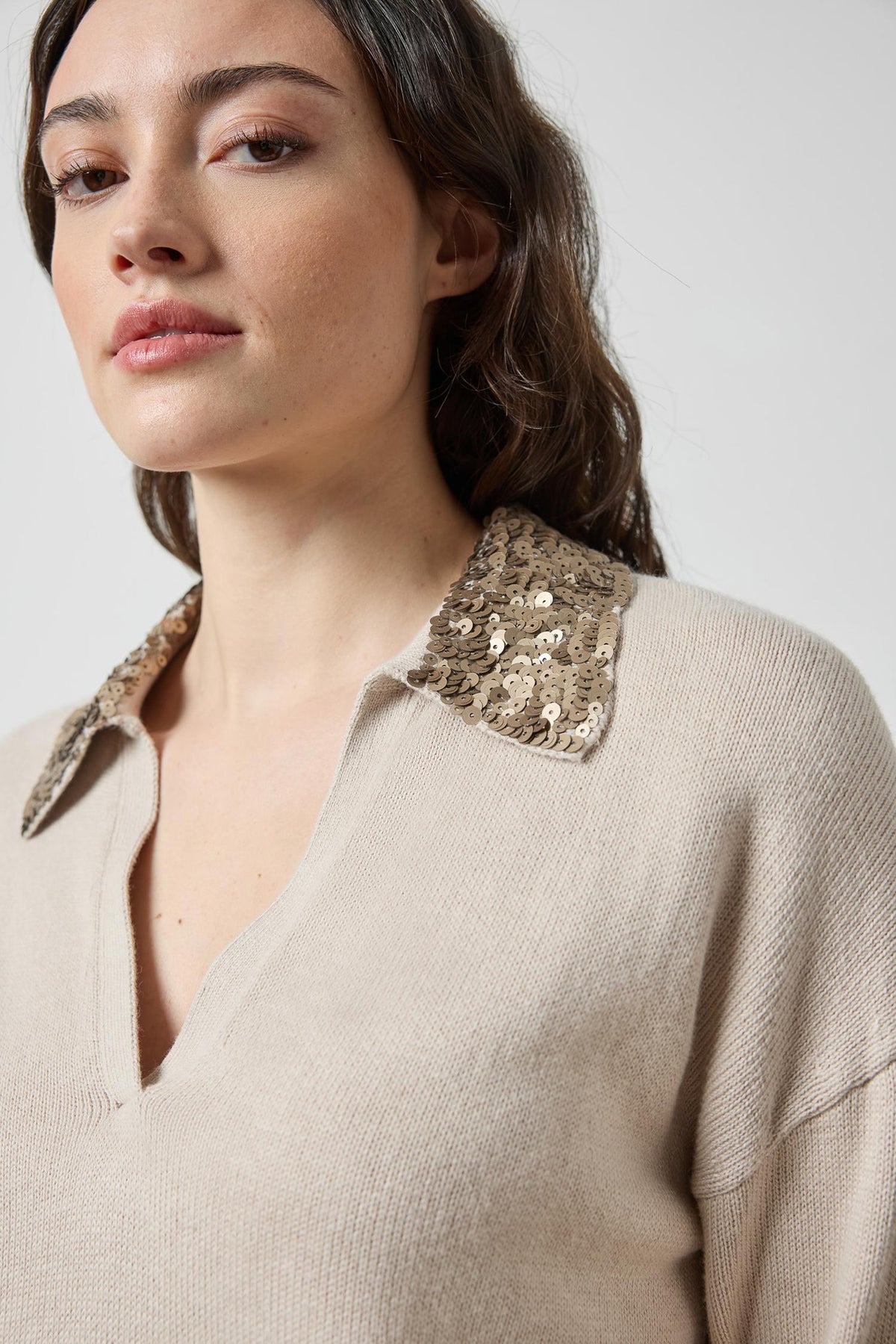 Sequin Polo Sweater in color Dove Image A3