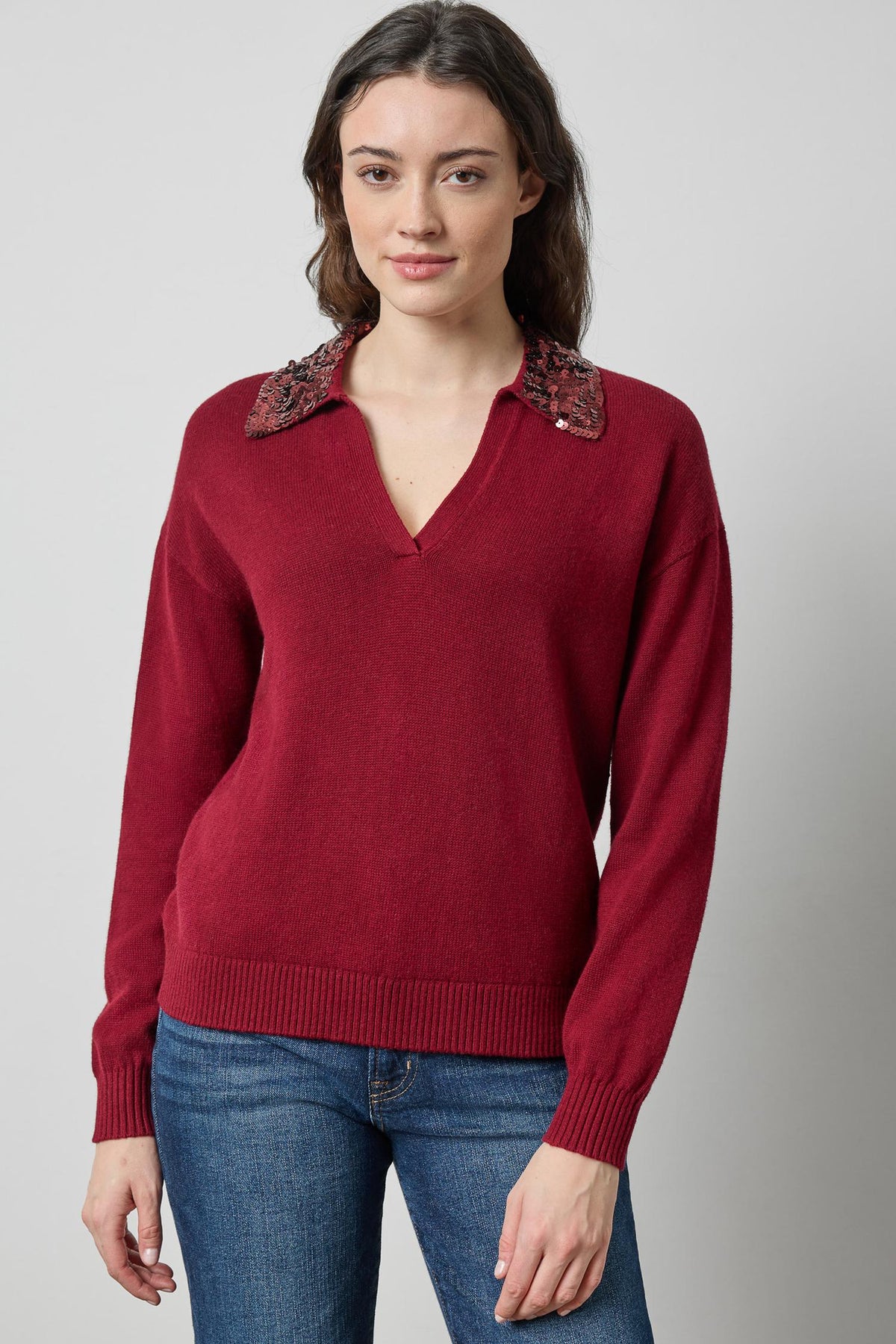 Sequin Polo Sweater in color Wineberry Image A1