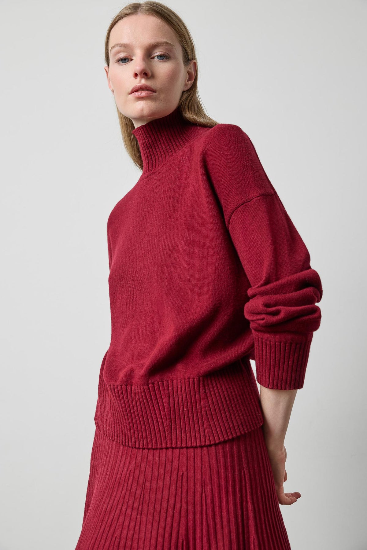Relaxed Mock Turtleneck Sweater in color Wineberry Image A3