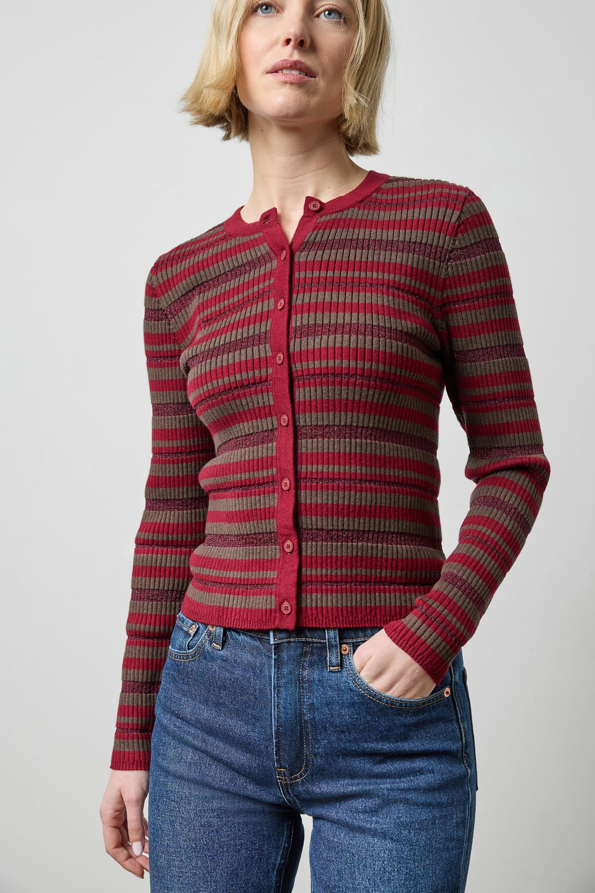 Metallic Stripe Cardigan in color Dark Multi Stripe Image A1
