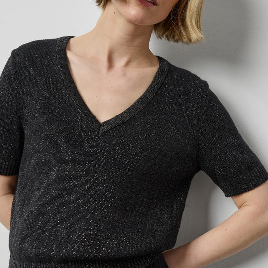 Short Sleeve V-Neck Sparkle Sweater in color Black Sparkle Image A1