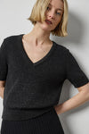 Short Sleeve V-Neck Sparkle Sweater in color Black Sparkle Image A1