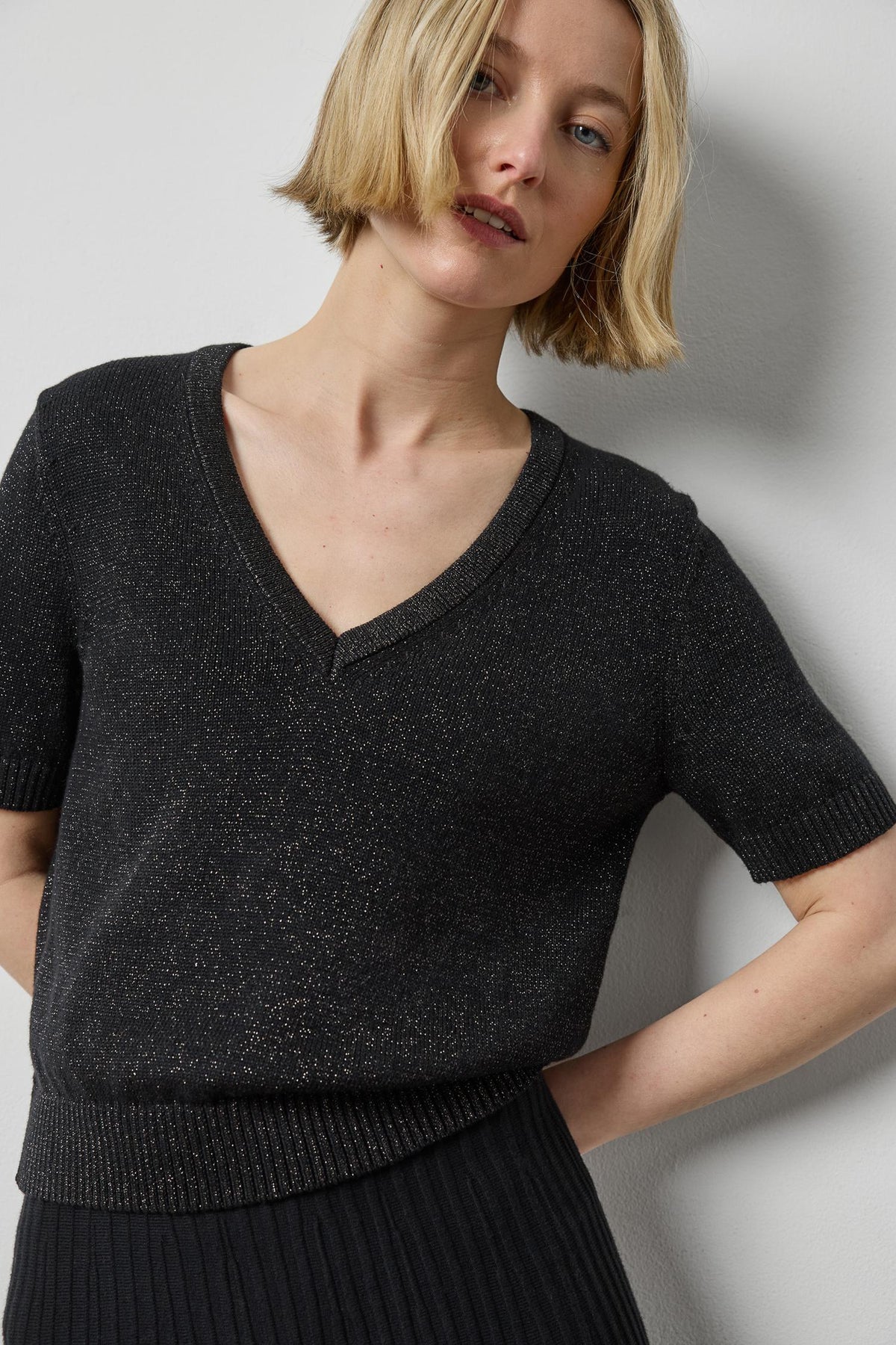 Short Sleeve V-Neck Sparkle Sweater in color Black Sparkle Image A1