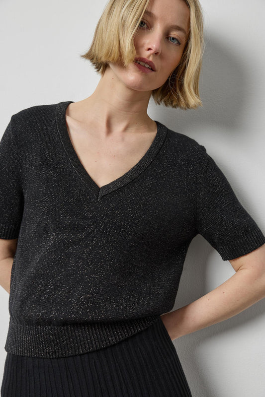 Short Sleeve V-Neck Sparkle Sweater in color Black Sparkle Image A1