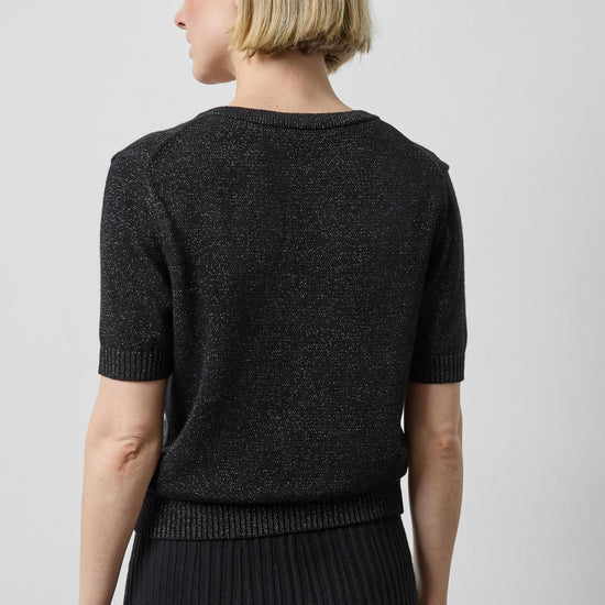Short Sleeve V-Neck Sparkle Sweater in color Black Sparkle Image A2