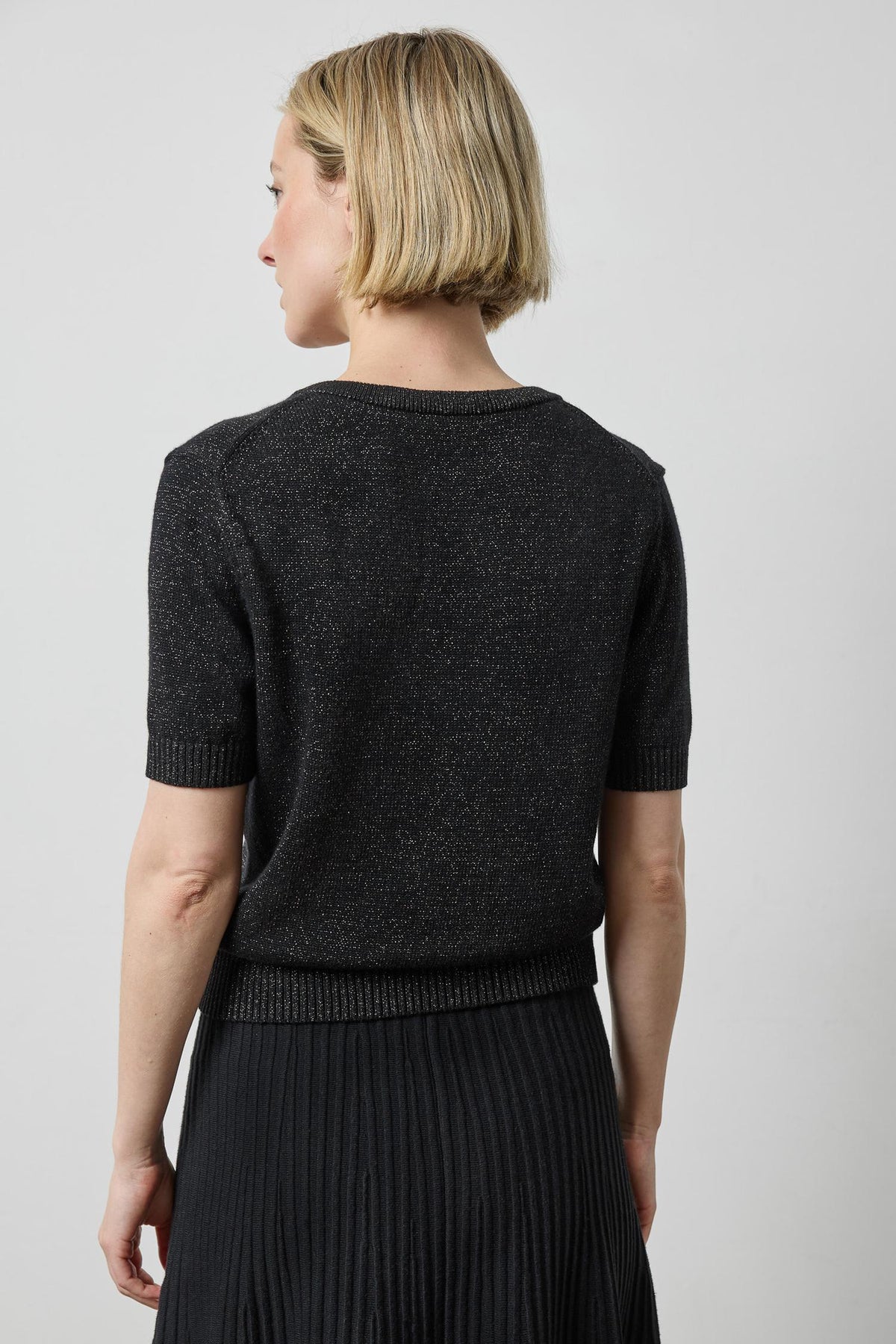 Short Sleeve V-Neck Sparkle Sweater in color Black Sparkle Image A2