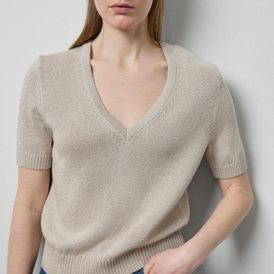 Short Sleeve V-Neck Sparkle Sweater in color Dove Sparkle Image A1