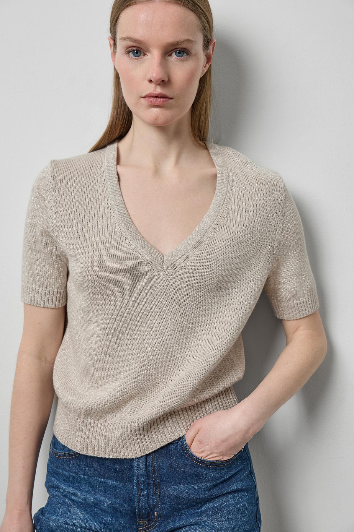 Short Sleeve V-Neck Sparkle Sweater in color Dove Sparkle Image A1