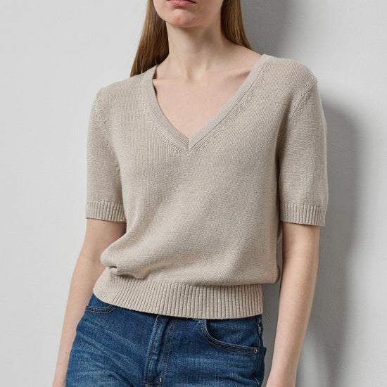 Short Sleeve V-Neck Sparkle Sweater in color Dove Sparkle Image A3