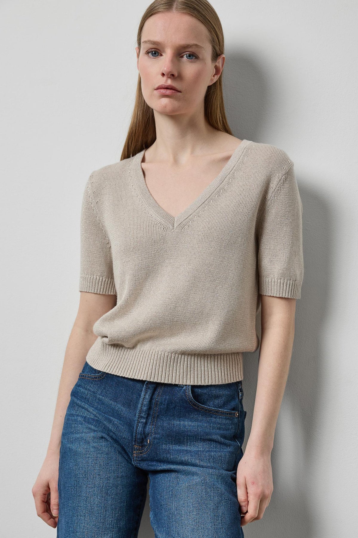 Short Sleeve V-Neck Sparkle Sweater in color Dove Sparkle Image A3