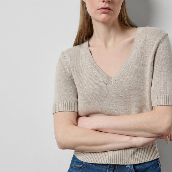 Short Sleeve V-Neck Sparkle Sweater in color Dove Sparkle Image A4
