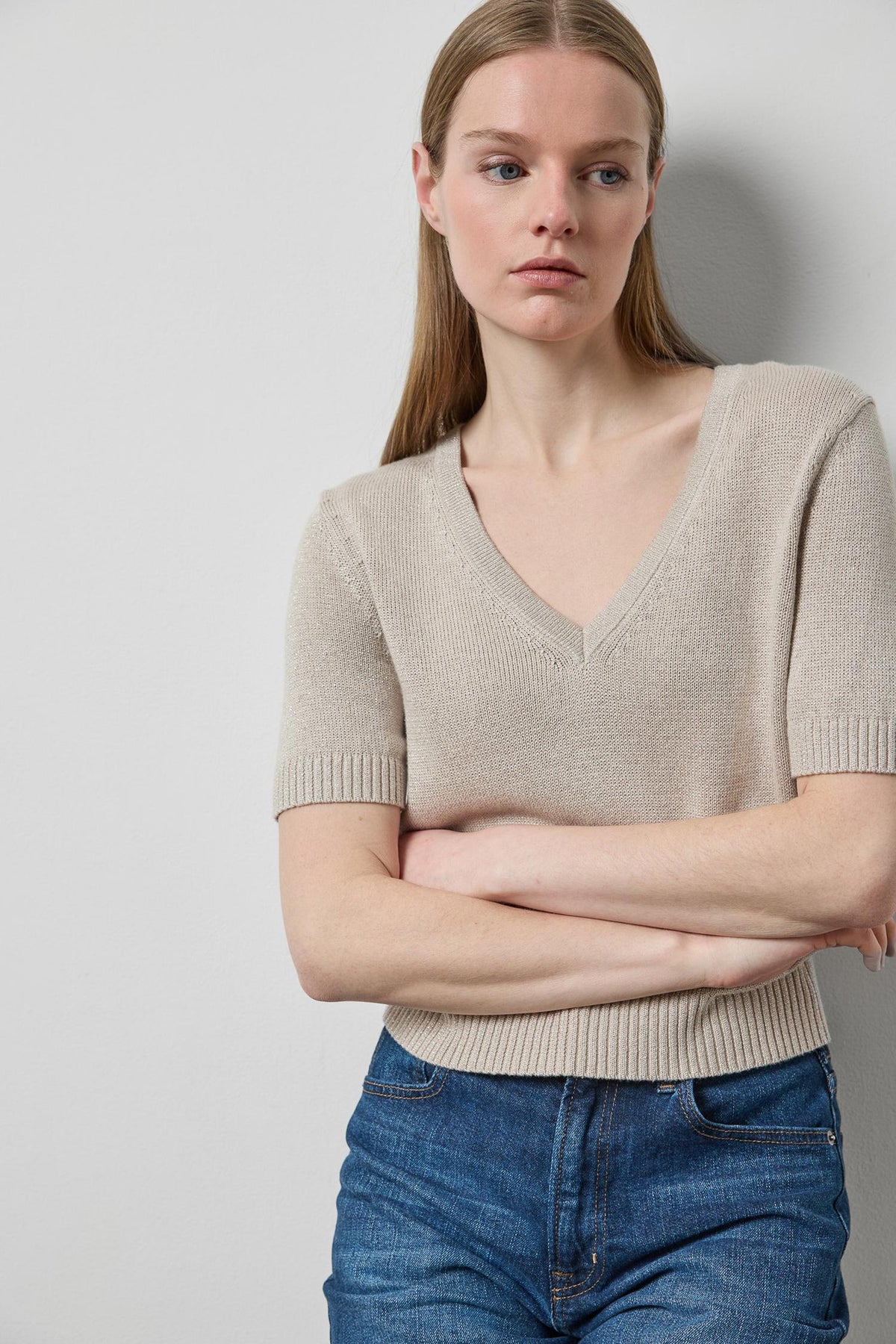 Short Sleeve V-Neck Sparkle Sweater in color Dove Sparkle Image A4