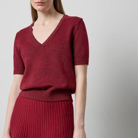 Short Sleeve V-Neck Sparkle Sweater in color Wineberry Sparkle Image A0