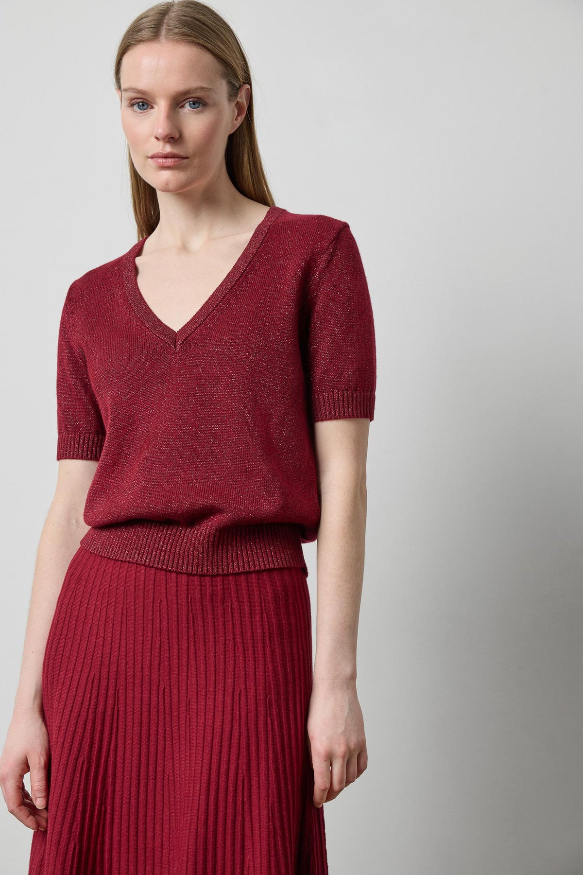Short Sleeve V-Neck Sparkle Sweater in color Wineberry Sparkle Image A0