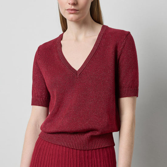 Short Sleeve V-Neck Sparkle Sweater in color Wineberry Sparkle Image A1