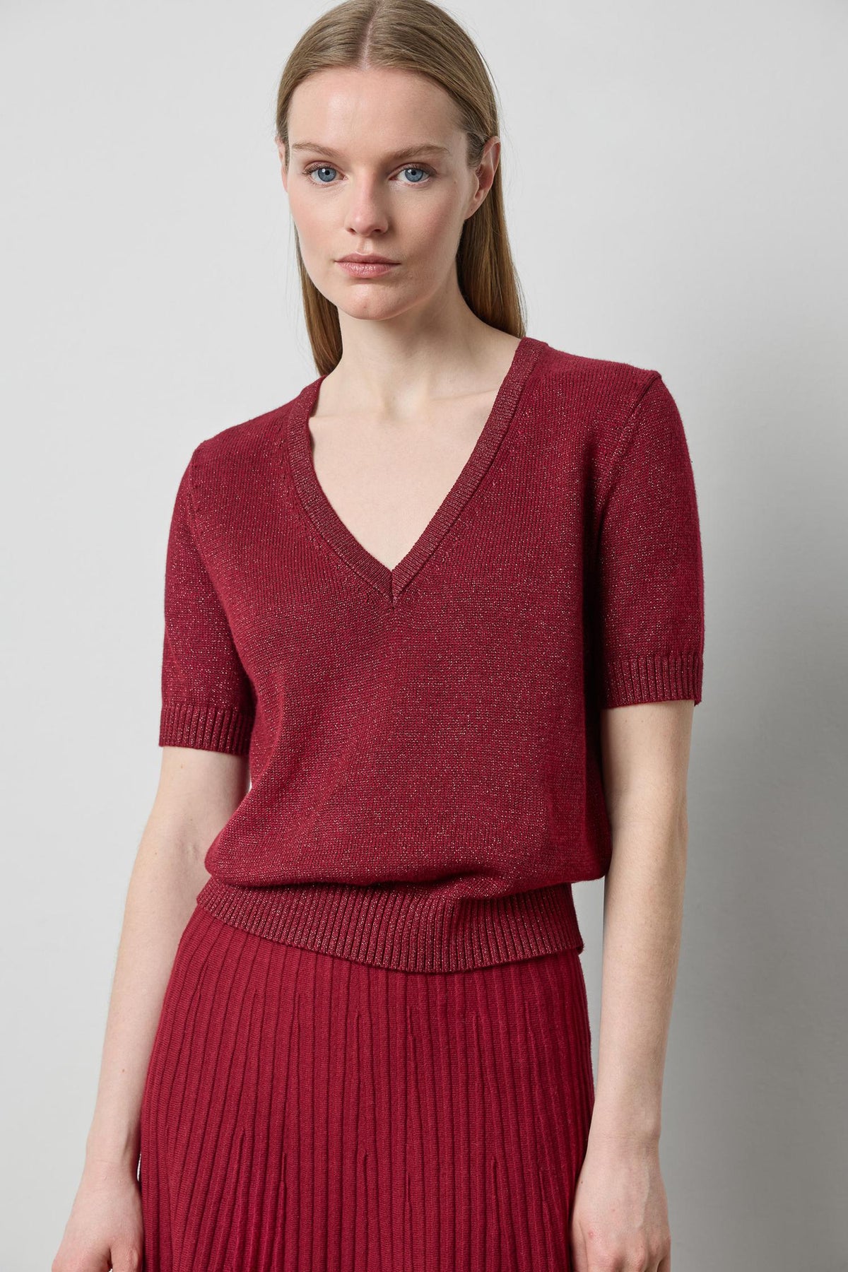 Short Sleeve V-Neck Sparkle Sweater in color Wineberry Sparkle Image A1