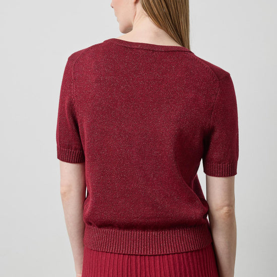 Short Sleeve V-Neck Sparkle Sweater in color Wineberry Sparkle Image A2