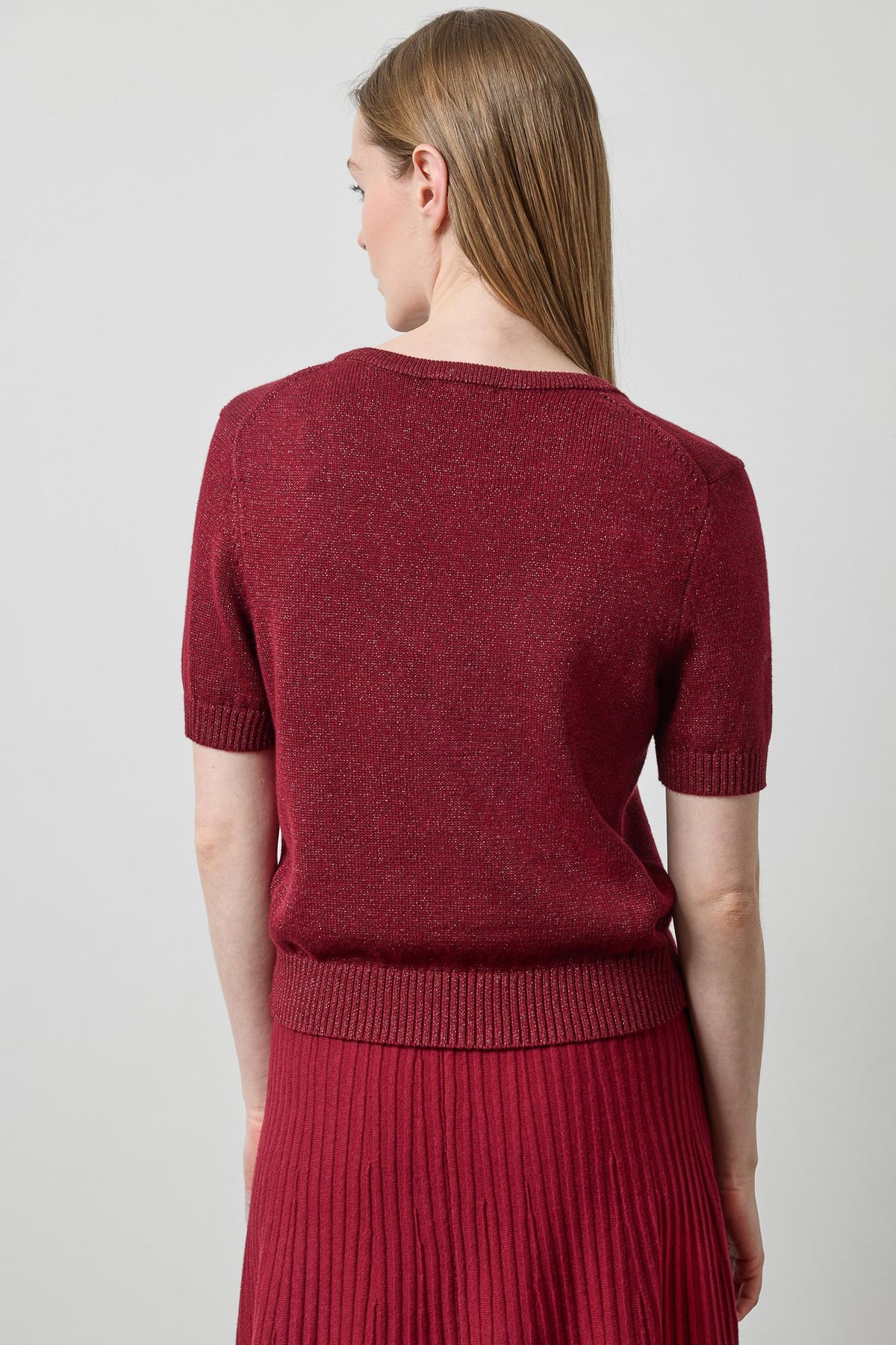 Short Sleeve V-Neck Sparkle Sweater in color Wineberry Sparkle Image A2