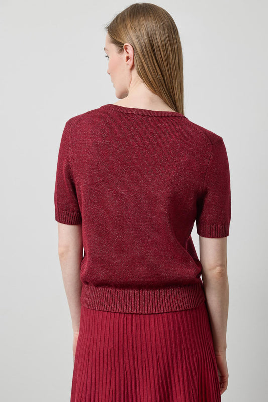 Short Sleeve V-Neck Sparkle Sweater in color Wineberry Sparkle Image A2