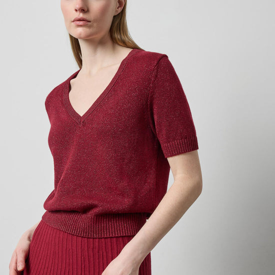 Short Sleeve V-Neck Sparkle Sweater in color Wineberry Sparkle Image A3