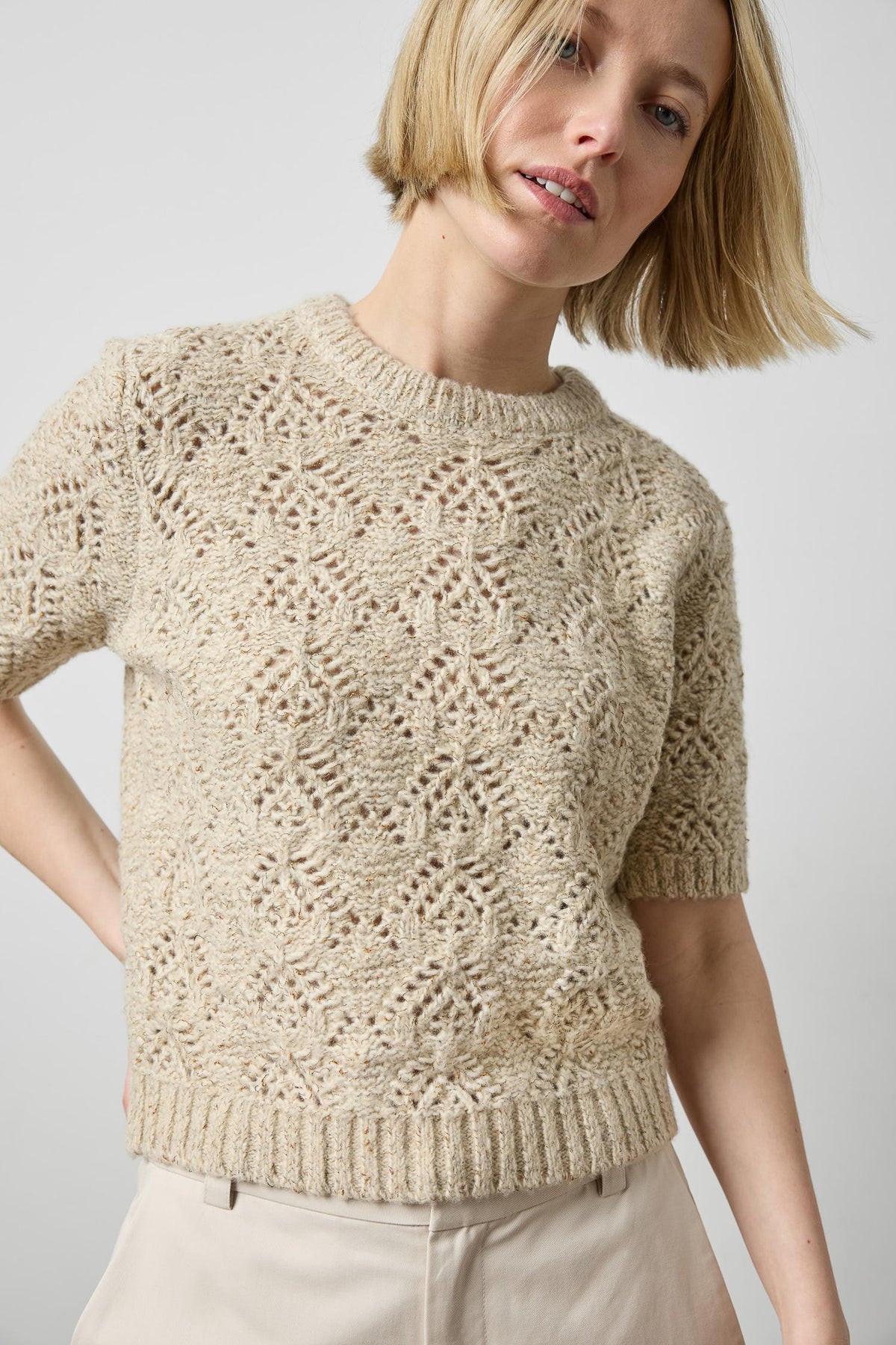 Short Sleeve Tinsel Sweater in color Oat Tinsel Image A1